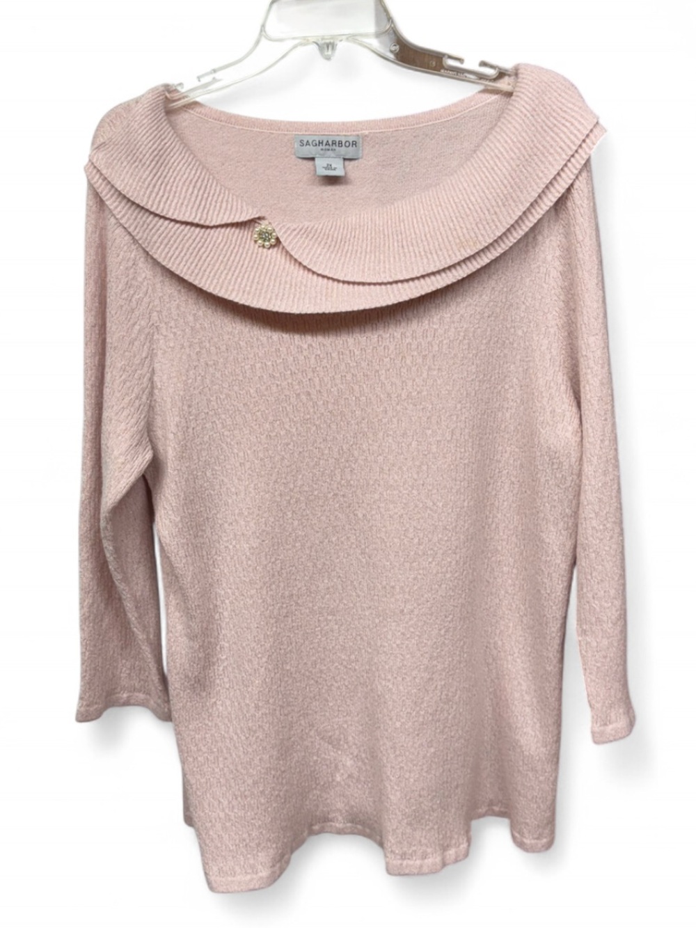 Sag Harbor Woman Pink Metallic Shimmer Portrait Collar Sweater Pearl Brooch 2X